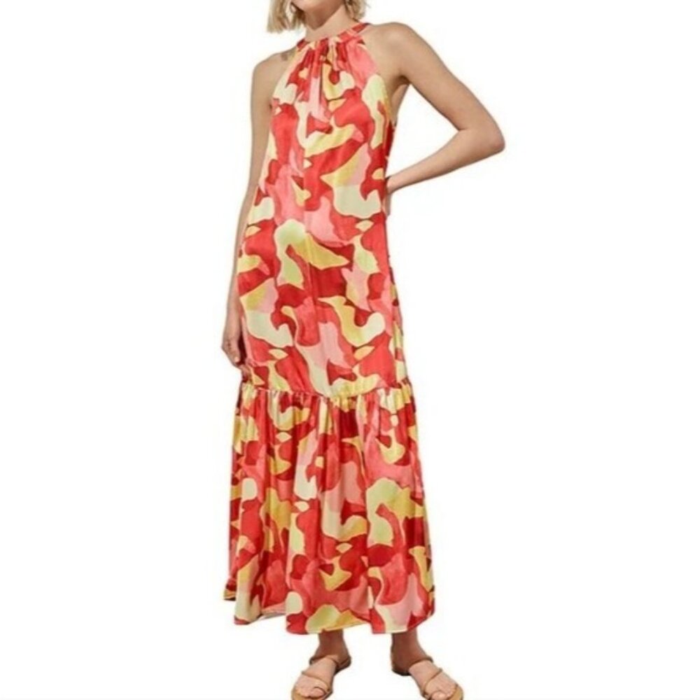 MING WANG Womens Size Small Abstract Crepe Halter Tiered Dress NEW